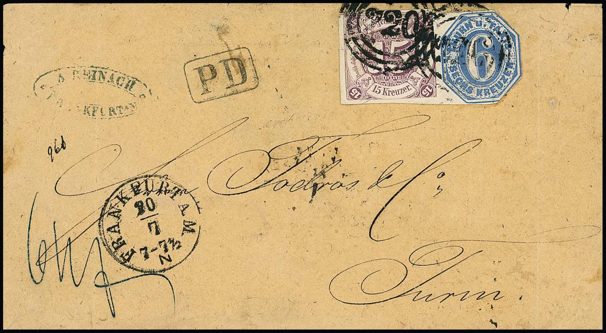 15 Kr. purpur, geklebt auf den breiten linken Rand eines Ganzsachen-Ausschnittes 6 Kr. blau, auf Auslandscouvert von Frankfurt durch die Schweiz nach…
