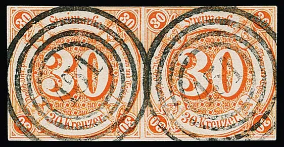 30 Kr. red-orange, horizontal, on all sides full to wide-margined superb pair with clear NS "151" (Romrod). In the gap inconspicuous pre-fold trace, not mentioned in the enclosed flawless certificate Sommer. Mi. 2200,-