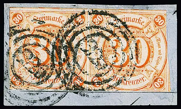 30 Kr. red-orange, horizontal pair cut typical of issue on letter fragment with NS "220" (Frankfurt a.M.), signed Sommer. Mi. 2200,-