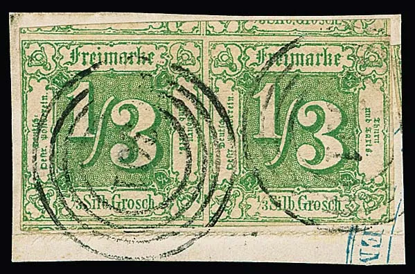 1/3 Sgr. gelblichgrün, voll- bis weit überrandiges waager. Kabinettpaar auf Briefstück, klare NS "301" (Bremen), Mi. 500,- +