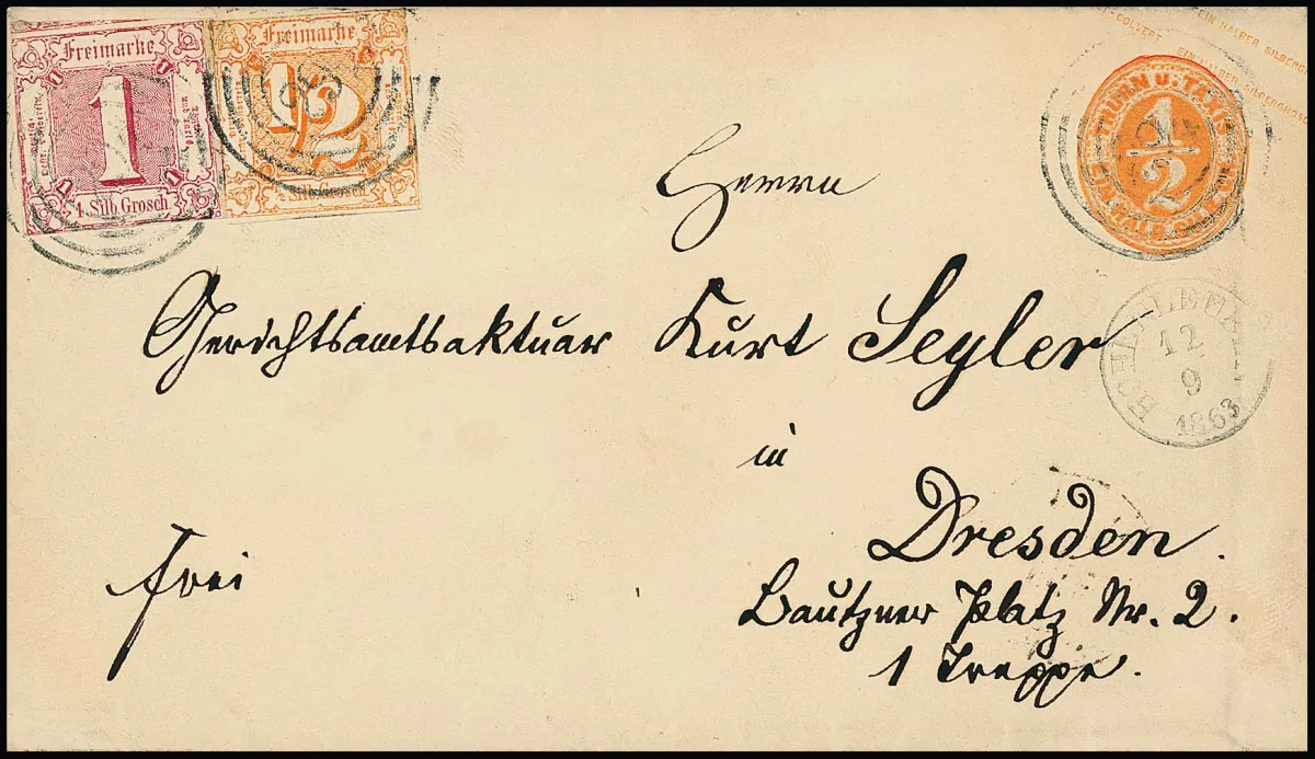 1/2 Sgr. orange and 1 Sgr. carmine, usual cut, rare combination with NS "294" and small date stamp "Hohenleuben" on postal stationery 1/2 Sgr. orange