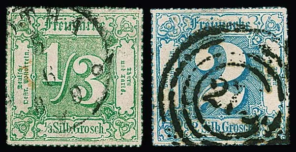 1/3 Sgr. yellow-green to 3 Sgr. ochre-brown, colour-perforated, five used values in good condition, top values signed. Mi. 1885,-