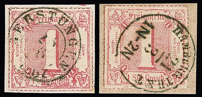 1 Sgr. red on two cabinet cover pieces (K2 "Gerstungen", K1 from Hamburg), signed Dietrich, Krause