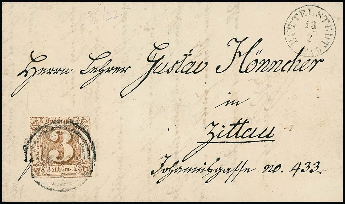 "227" s K2 "Buttelstädt" na dopise 3 Sgr. (Taxisschnitt), vzácnost razítka, Feuser + 1200,-