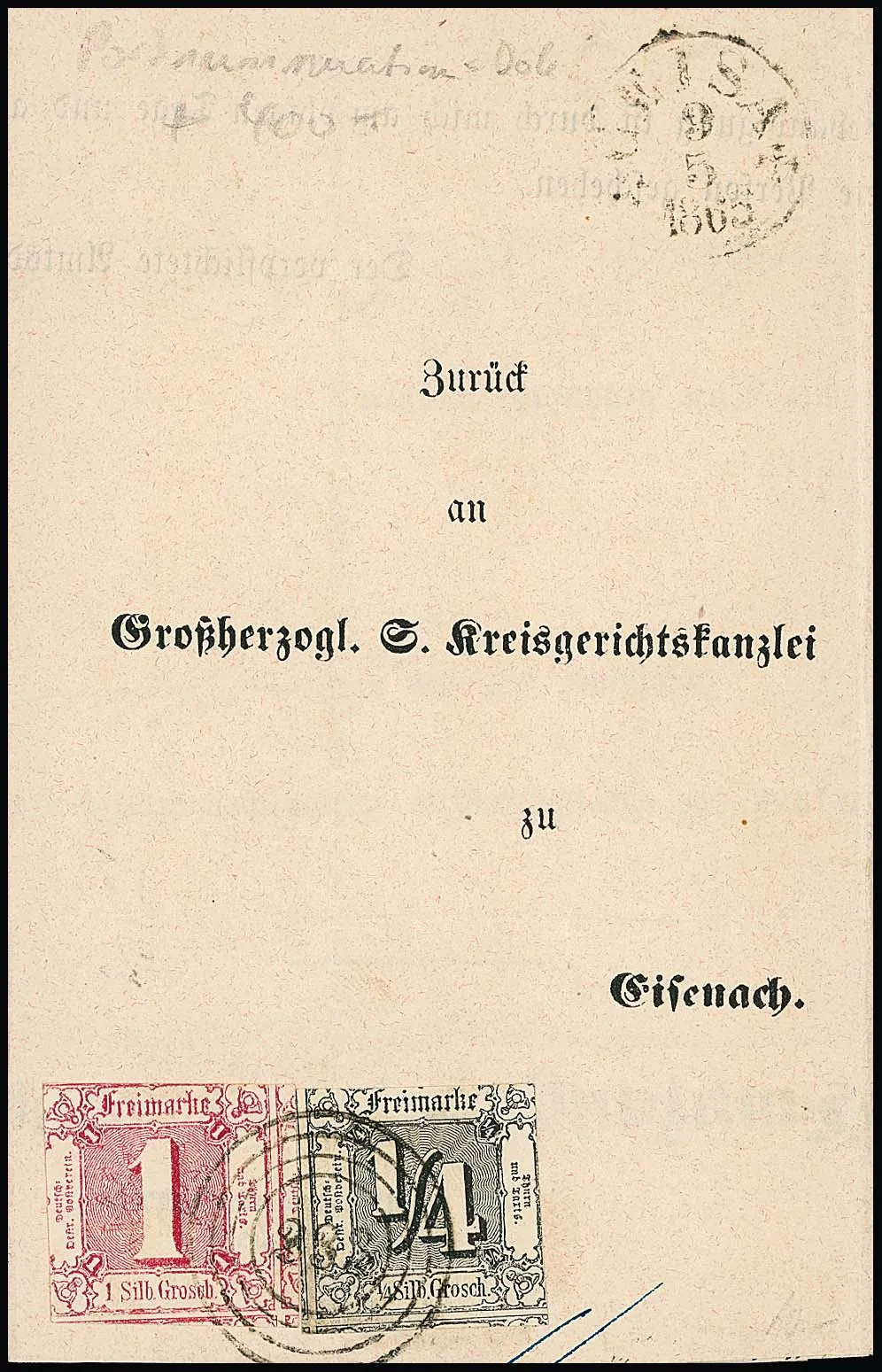"233" avec K1 "Geisa" sur document postal préimprimé avec 1/4 (trace de pli) et 1 Sgr. vers Eisenach