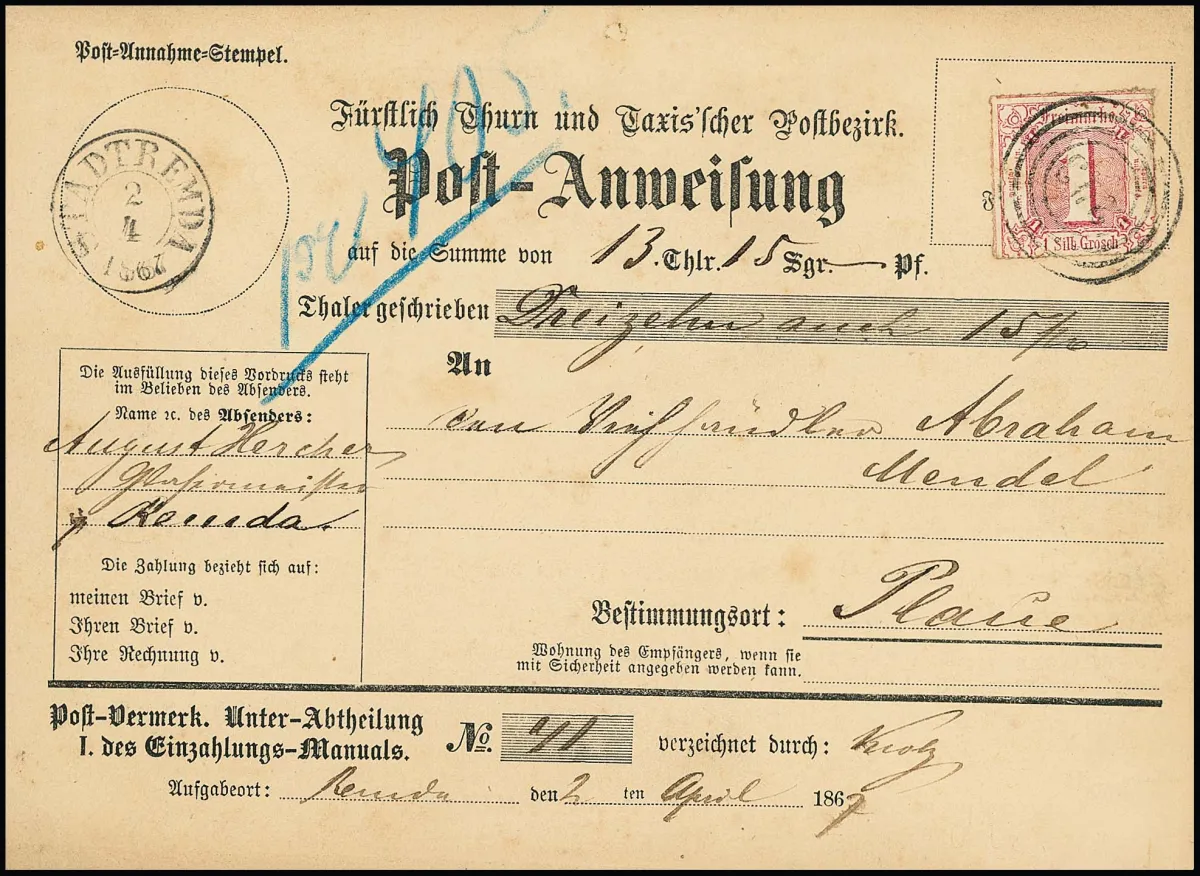 "243" with K2 "Stadtremda" 1867 on slightly unfresh postal order with 1 Sgr.