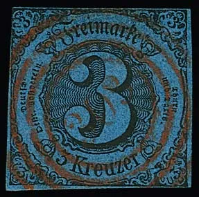 "303" (Gammertingen) en rouge très net et centré sur 3 Kr. noir/bleu presque complet