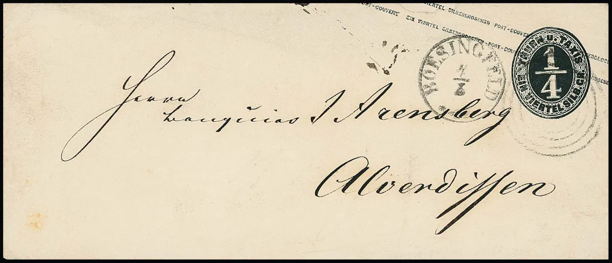 "319" with K1 "Boesingfeld" on rare postal stationery 1/4 Sgr. black small format to Alverdissen, small flap defects at top (alone Mi. 1000,-)
