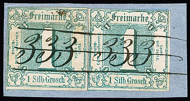 "333" (Stadthagen) ideal on 1/4 Sgr., as well as unusually ms. on piece with twice 1 Sgr. blue, rare