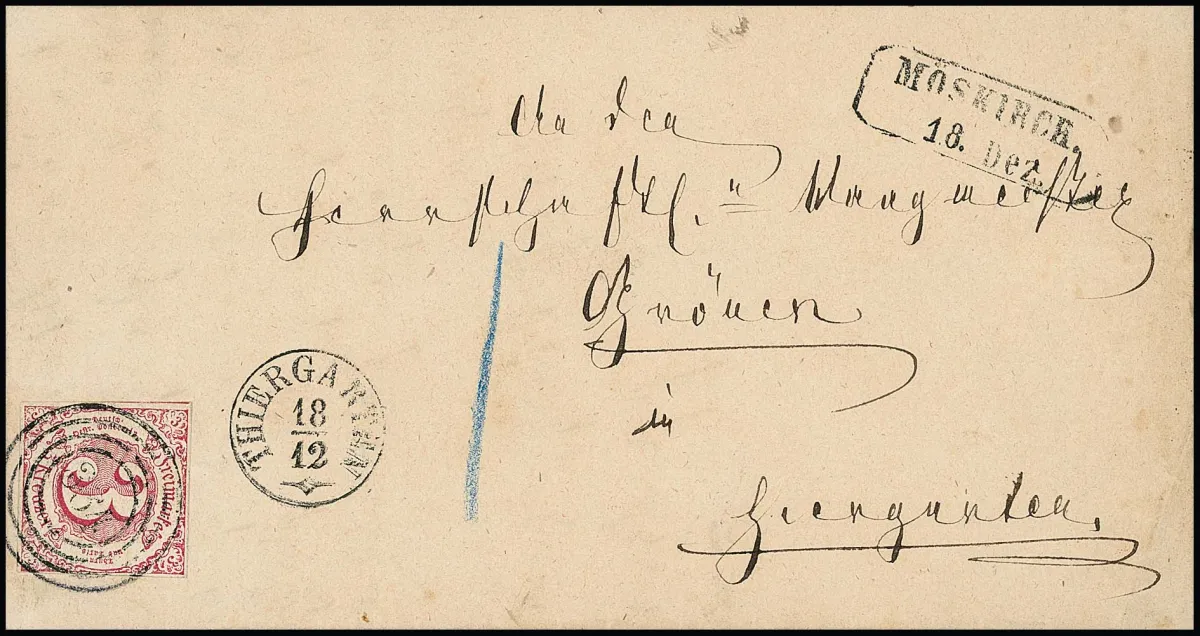 "364" nebst K1 "Thiergarten" auf Brief (eine Seitenklappe fehlt) mit breitrandiger 3 Kr. rosa, vs. Transit-Ra2 "Möskirch"