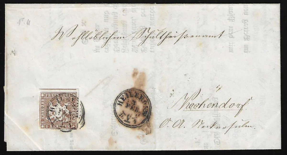 1 Kr. brown, full to over-sized margins, magnificent item with K2 "Heilbronn" (cancellation ink in adjacent cancellation) on folded letter, Mi. 400,-