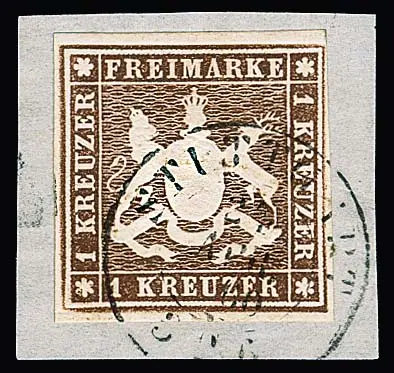 1 Kr. bruin, volledige marges, op klein kabinetbriefstuk met K2 "Stuttgart", Mi. 130,-
