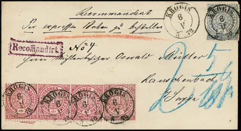 1 Gr. roze in strook van drie plus enkel stuk, en 2 Gr. blauw (kleine gebreken, deels schaarafscheiding), op zeldzame aangetekende landelijke expresbrief met Saksen K2 "Krögis"