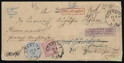 1 Gr. karmijn en 2 Gr. ultramarijn, prachtexemplaren met K1 "Goerlitz" op retourbrief (kleine hoekfout) naar Dresden, met paarse retoursticker
