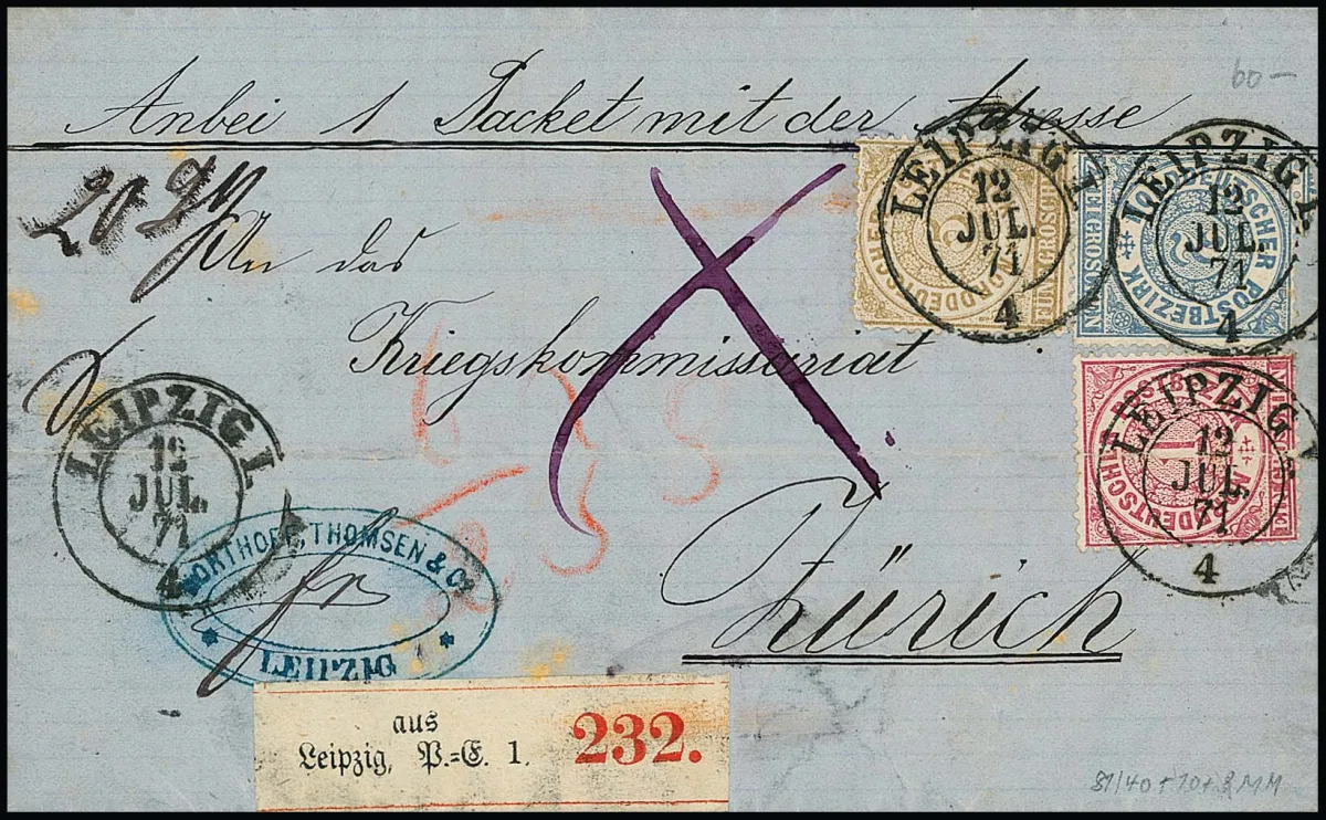 1 Gr. rose, 2 Gr. bleu et 5 Gr. brun ocre sur lettre d'accompagnement de colis pour l'étranger avec K2 "Leipzig", 13.7.71, au commissariat de guerre à Zurich, (petits) défauts, p.ex. 1 Gr. par pliure de lettre