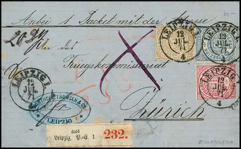 1 Gr. roze, 2 Gr. blauw en 5 Gr. okerbruin op buitenlandse pakketbegeleidende brief met K2 "Leipzig", 13.7.71, aan het Oorlogskommissariaat in Zürich, (kleine) gebreken, b.v. 1 Gr. door briefvouw