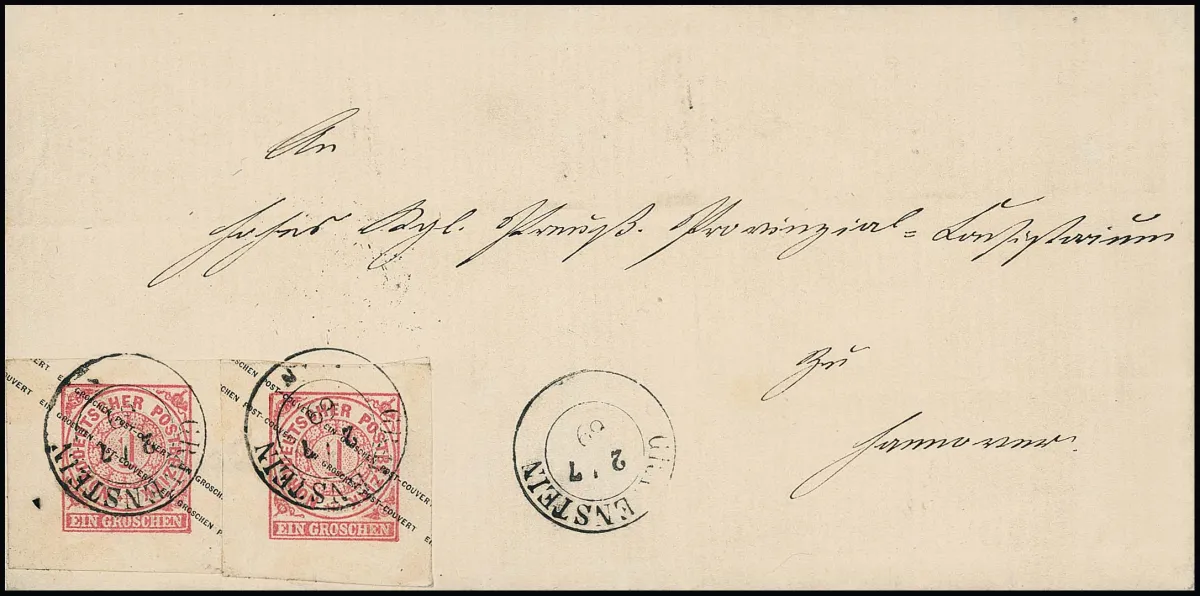 Heelding-uitsnede 1 Gr. roze, twee zeer breedgerande exemplaren als ongebruikelijke meervoudige frankering op kabinettbrief met hergebruikte SH-K2 "Gravenstein", 1869 naar Hannover