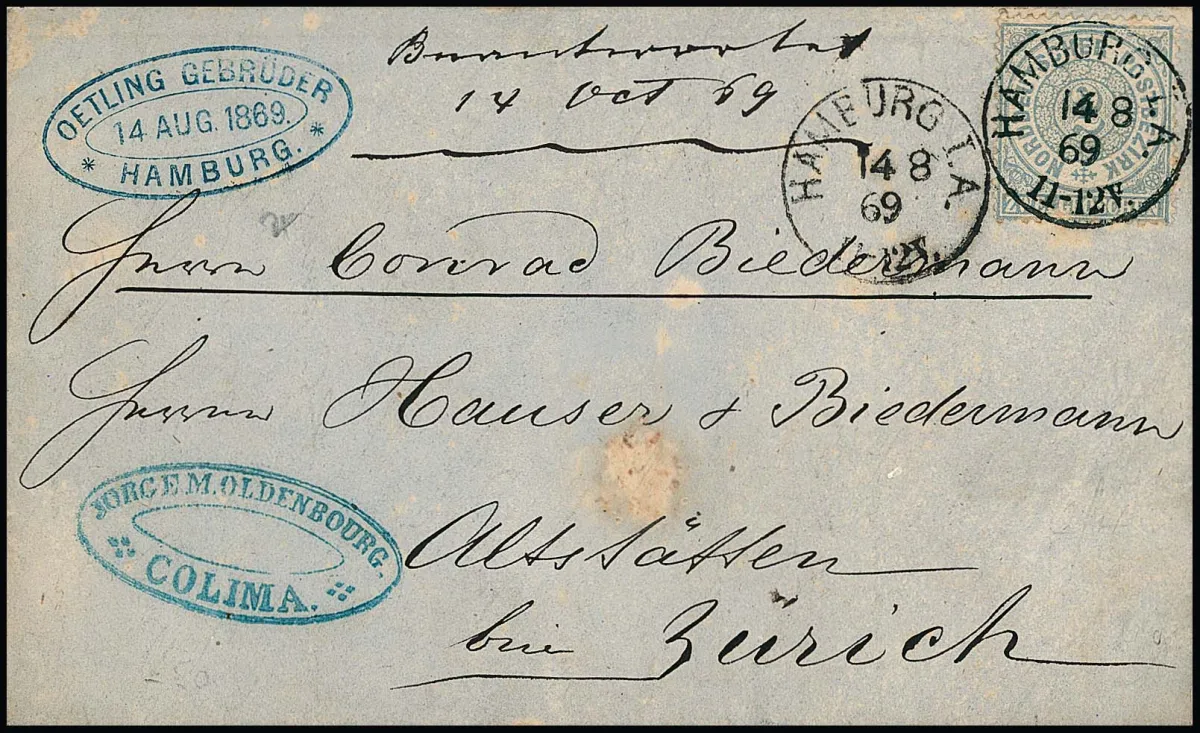 2 Gr. blau einzeln auf etwas fleckigem Brief von Colima/Mexiko (vs. blauer Absenderstempel), über einen Hamburger Forwarder nach Zürich