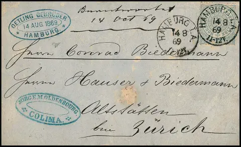2 Gr. blau einzeln auf etwas fleckigem Brief von Colima/Mexiko (vs. blauer Absenderstempel), über einen Hamburger Forwarder nach Zürich