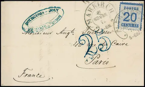 20 C. blau, ausgabetypisch etwas unregelmäßig gezähnt, auf Faltbrief mit besserem HE "Markirch", 28.11.71, in Doppelfrankatur mit blauem (!) Taxstempel "25"…