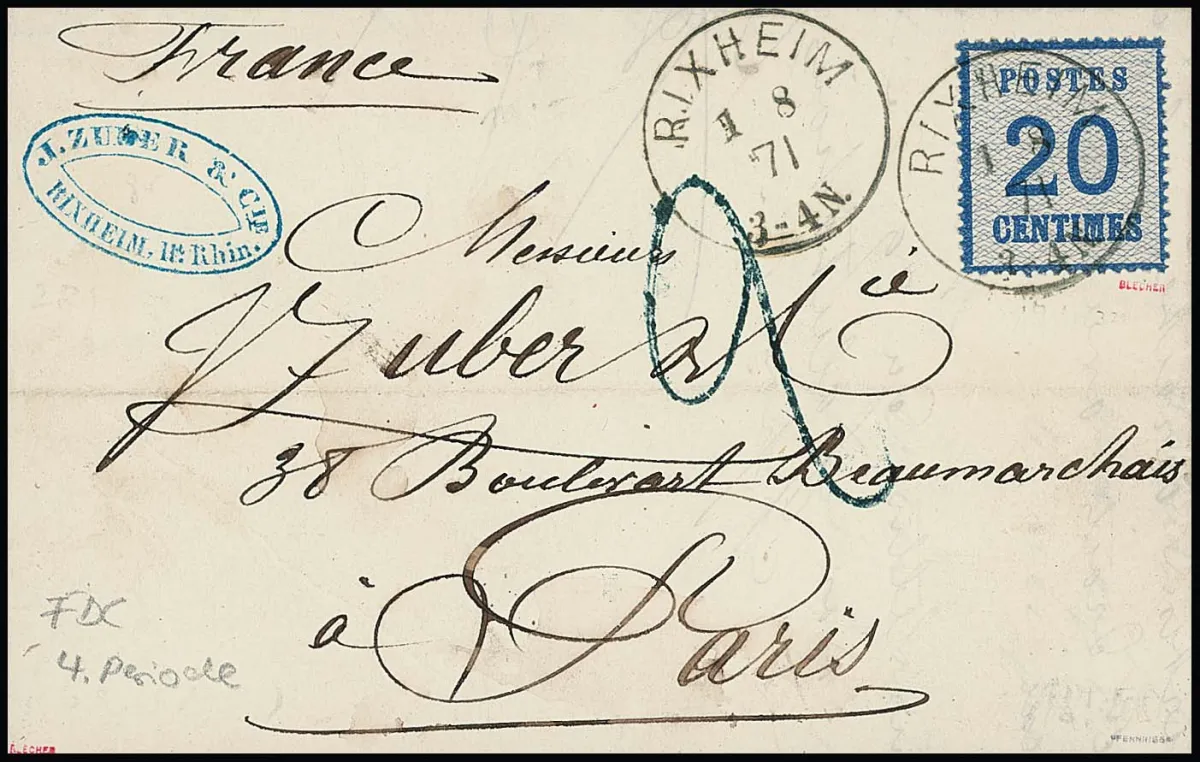 20 C. bleu, pièce de choix fraîche avec K1 "Rixheim" (1.8.71, premier jour 4e période) sur lettre pliée en double affranchissement avec cachet de taxe bleu "2" pour Paris, signé Blecher, Pfenninger