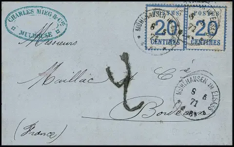 20 C. blau per zwei (einmal geringe Randtönung) in Doppelfrankatur mit seltenem Taxstempel "4" auf Brief von Mühlhausen, 8.5.71, nach Bordeaux