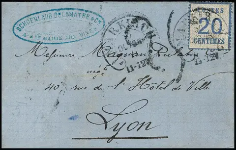 "Markirch", 30.10.71, klar auf Faltbrief mit Elsaß 20 C. blau (oben durch Randklebung min. bestoßene Zähne), in Doppelfrankatur mit Taxstempel "25" nach Lyon