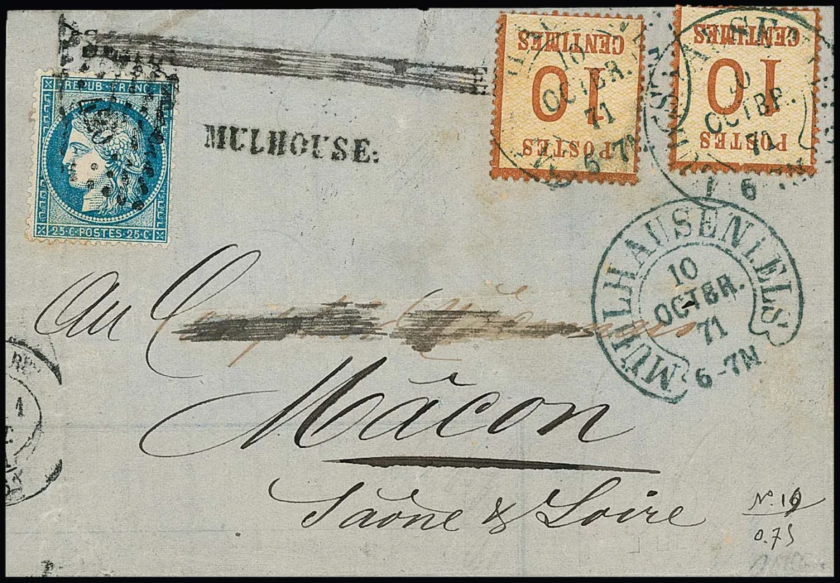 "Mühlhausen i. Els." (26-1) net sur lettre pliée avec deux fois Alsace 10 C. jaune-brun, 10.10.71, en double affranchissement avec France 25 C. bleu, Ceres (trace de charnière), vers Macon