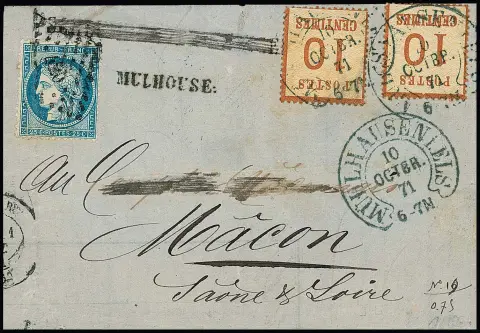 "Mühlhausen i. Els." (26-1) klar auf Faltbrief mit zweimal Elsaß 10 C. gelbbraun, 10.10.71, in Doppelfrankatur mit Frankreich 25 C. blau, Ceres (Bugspur),…
