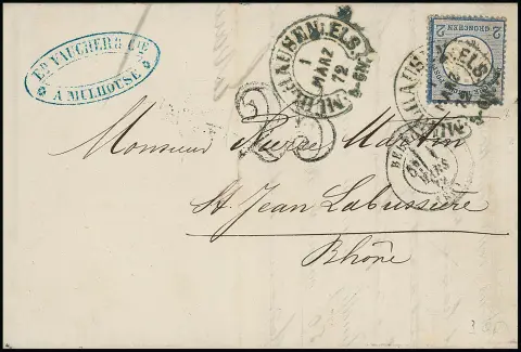 "Mühlhausen i. Els.", bessere Type 26-3 in bläulichschwarz in Doppelfrankatur mit Taxstempel "25" auf Faltbrief mit 2 Gr. kl. Brustschild (leichte Faltspur)