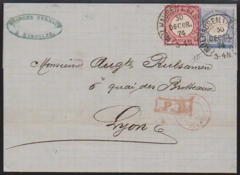 "Mülhausen i. Els. Bhf." (Spal. 26-6) klar auf Auslandsbrief mit 1 und 2 Gr. v. 30.12.74 nach Lyon