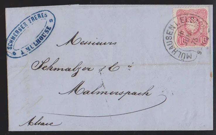 "Mülhausen i. Elsass" (Spal. 26-8) sur imprimé 1/3 Gr. vert-jaune et lettre 10 Pfge.