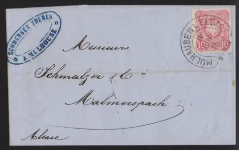 "Mülhausen i. Elsass" (Spal. 26-8) auf Drucksache 1/3 Gr. gelbgrün und Brief 10 Pfge.