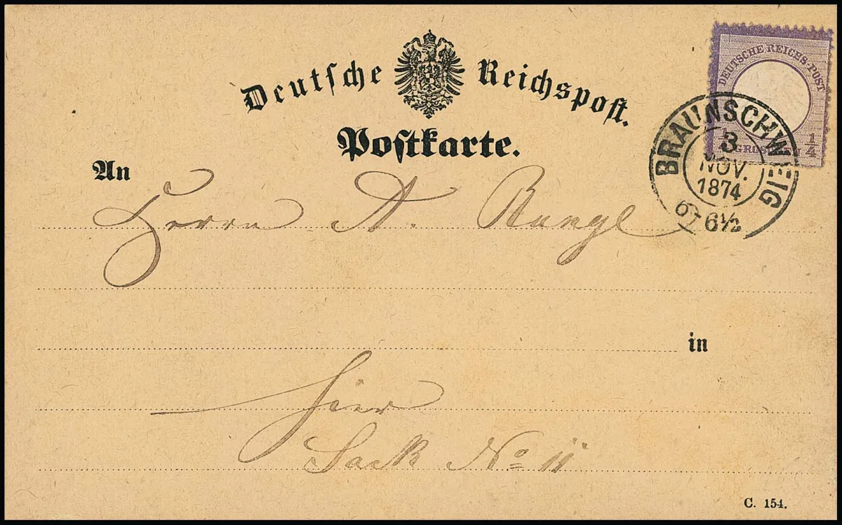 1/4 Gr. pourpre ("astuce" discrète) seul sur carte postale locale décorative avec K2 "Braunschweig"