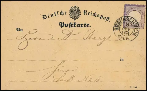 1/4 Gr. purpur (unauffälliger "Kniff") einzeln auf dekorativer Orts-Postkarte mit K2 "Braunschweig"