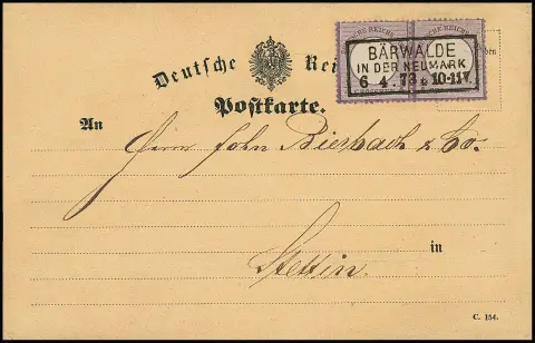 1/4 Gr. purpur, waager. Luxuspaar mit Besonderheit "ausgefallenes Zähnungsloch FZL r7/I 7", sowie kleines Format L15, auf frisch erhaltener Postkarte…