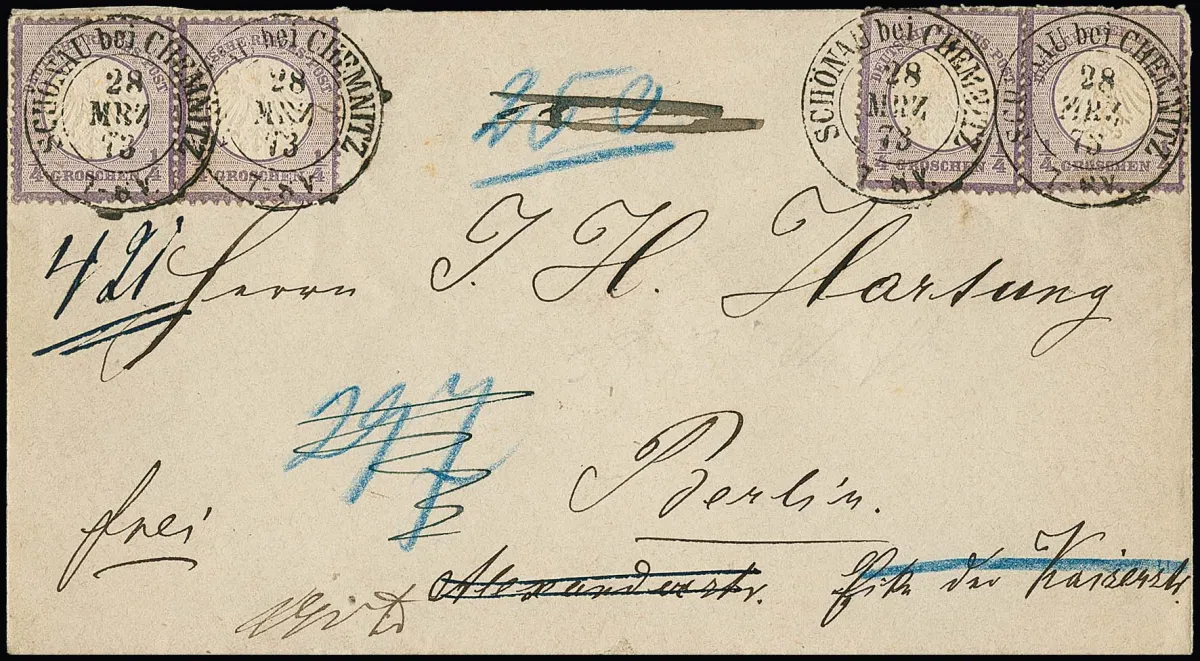1/4 Gr. purple, pair and two singles (top small perforation due to edge adhesion) on multiple forwarded return cover with Saxony K2 "Schönau bei Chemnitz"