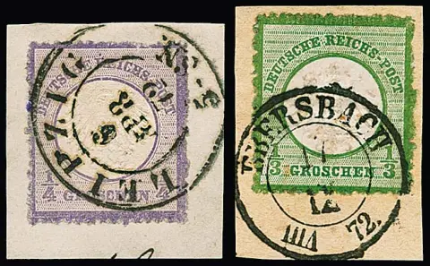 1/4 Gr. violett (K2 "Leipzig") und 1/3 Gr. dunkelgrün (K2 "Ebersbach"), zwei Briefstücke mit Marken in extrem rauher, sägezahnartiger Zähnung, siehe Foto