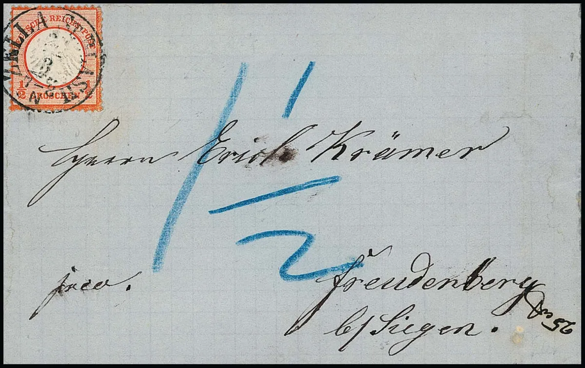 1/2 Gr. brick red single on letter (slight fold marks outside) with Taxis-K1 "Zella St. Blasii" to Freudenberg near Siegen, underpaid and taxed ("1 1/2" Gr. = 1/2 Gr. missing + 1 Gr. penalty postage)