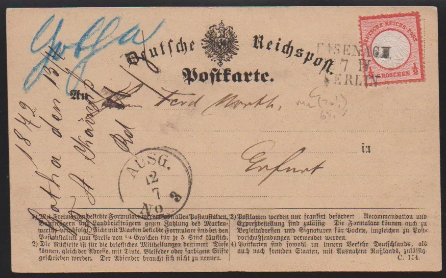 1/2 Gr. brick red single on magnificent railway postcard, ms. "Gotha" and train-L3 "Eisenach-Berlin"