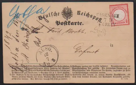 1/2 Gr. ziegelrot einzeln auf prachtvoller Bahnpostkarte, hs. "Gotha" und Zug-L3 "Eisenach-Berlin"