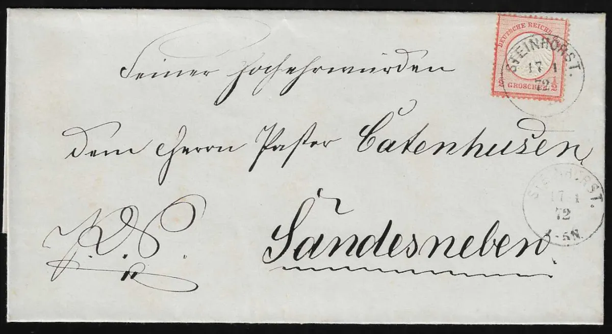 1/2 Gr. brick red single on magnificent local area letter with K1 "Steinhorst", 17.1.72, to Sandesneben