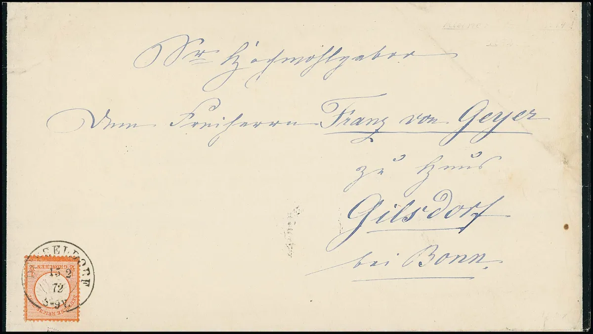 1/2 Gr. brick red, superb single on large-format black-bordered mourning printed matter (fold marks outside, death notice from Max von und zu Hoensbroech to Baron von Geyer), with K2 "Düsseldorf"