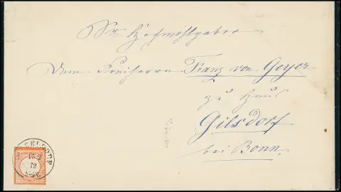 1/2 Gr. ziegelrot, Prachtstück einzeln auf großformatiger, schwarzgerandeter Trauer-Drucksache (Faltspuren ausserhalb, Todesanzeige von Max von und zu…