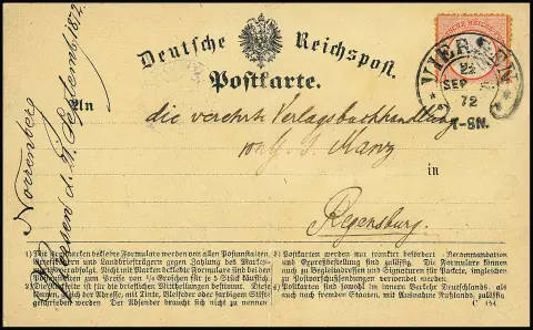 1/2 Gr. ziegelrot, nahezu halbierte Marke (evtl. Postbetrug) ungewöhnlich unbeanstandet verwandt auf mittig gef. Postkarte mit HE "Viersen"