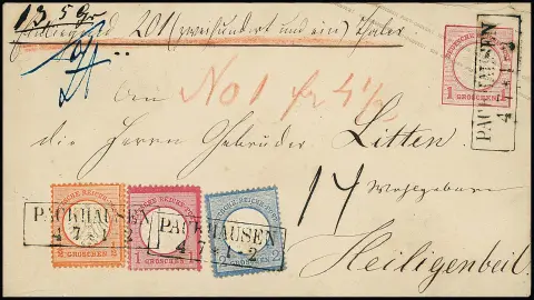 1/2 Gr. ziegelrot, 1 Gr. rosa und 2 Gr. blau, Kabinettstücke mit besserem nachverw. Ra2 "Packhausen" auf Ganzsache 1 Gr. rosa, als Paketbegleitbrief nach…