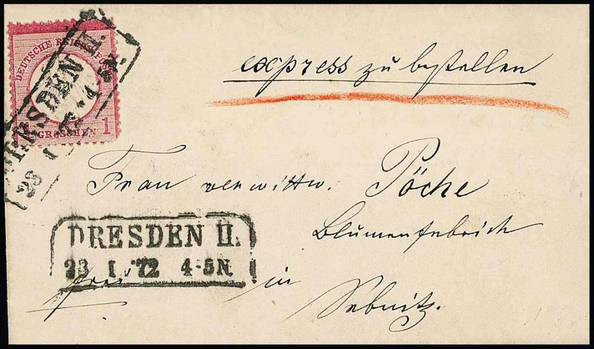 1 Gr. pink ("eckrund") single on small express letter from the first month, 23.1.72, with Ra2 "Dresden II" to Sebnitz, reverse "2 1/2 Gr." express fee receipted