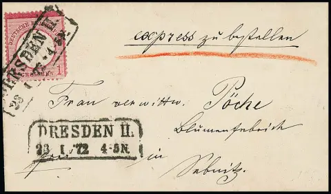 1 Gr. rosa ("eckrund") einzeln auf kleinem Expreßbriefchen aus dem ersten Monat, 23.1.72, mit Ra2 "Dresden II" nach Sebnitz, rs. "2 1/2 Gr." Expreßgebühr…