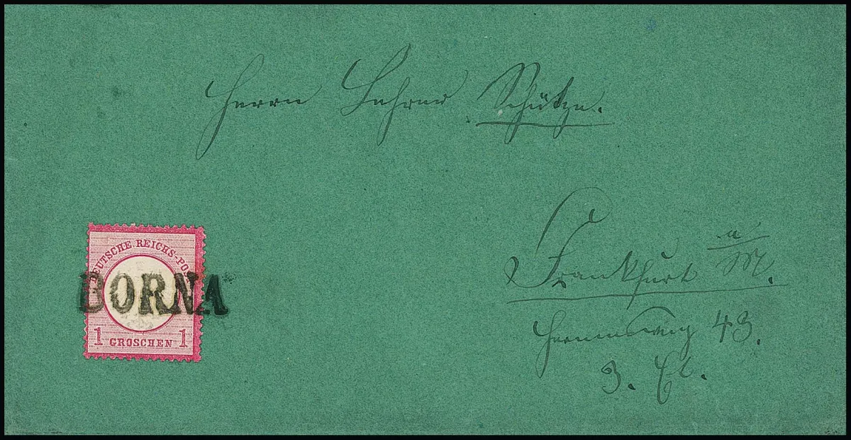1 Gr. rosa einzeln auf dekor. dunkelgrünem Couvert mit Sachsen-L1 "Borna"