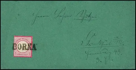 1 Gr. rosa einzeln auf dekor. dunkelgrünem Couvert mit Sachsen-L1 "Borna"